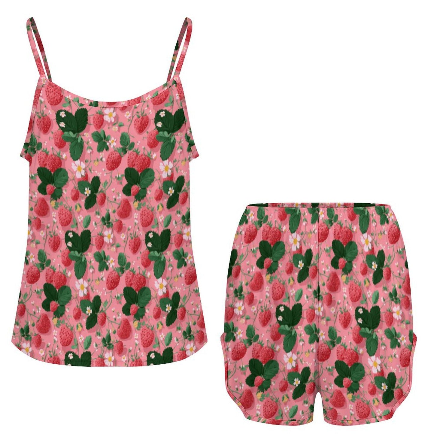 Strawberry Strap pajama Set Women's Ice Silk Spaghetti Strap Shorts Pajama Set