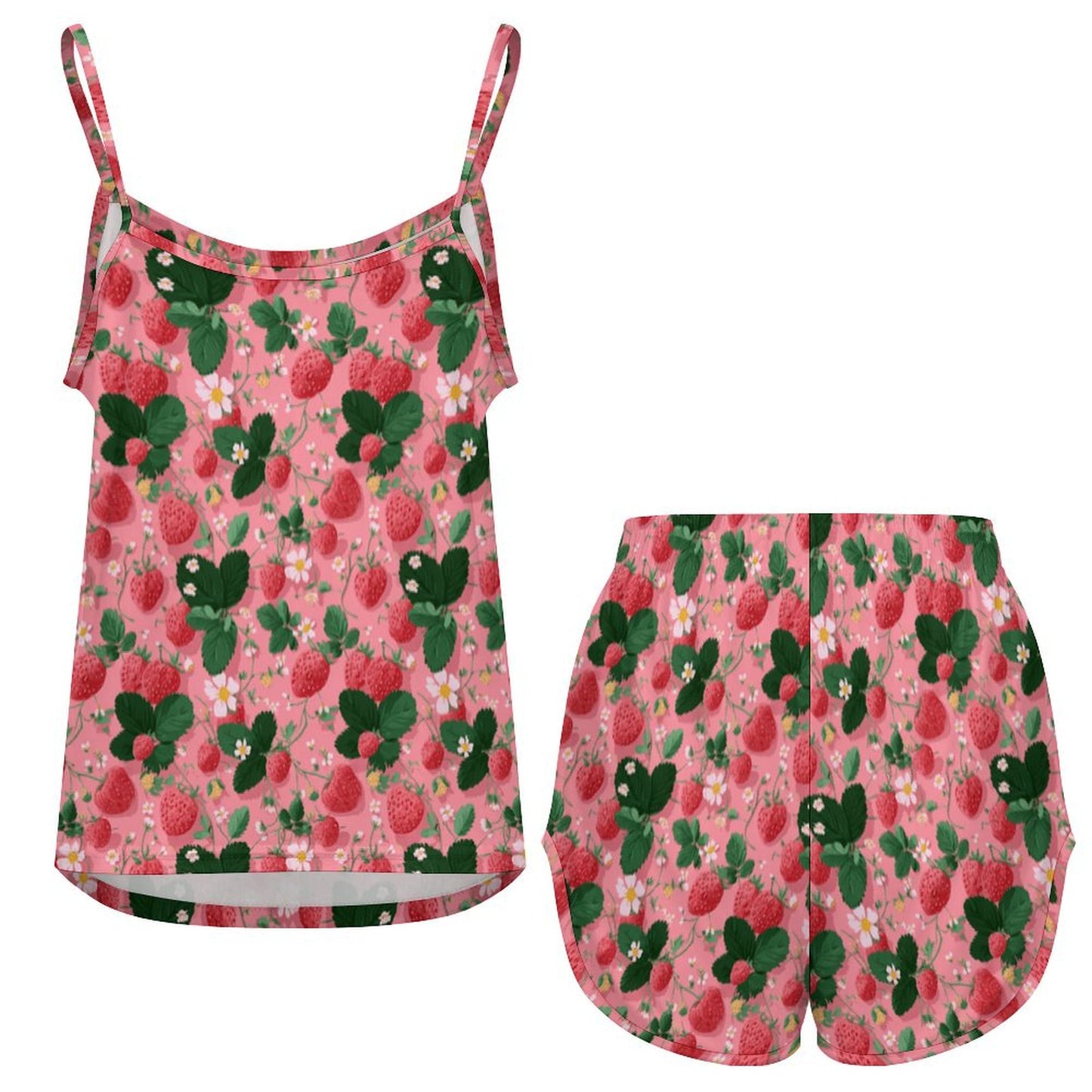 Strawberry Strap pajama Set Women's Ice Silk Spaghetti Strap Shorts Pajama Set