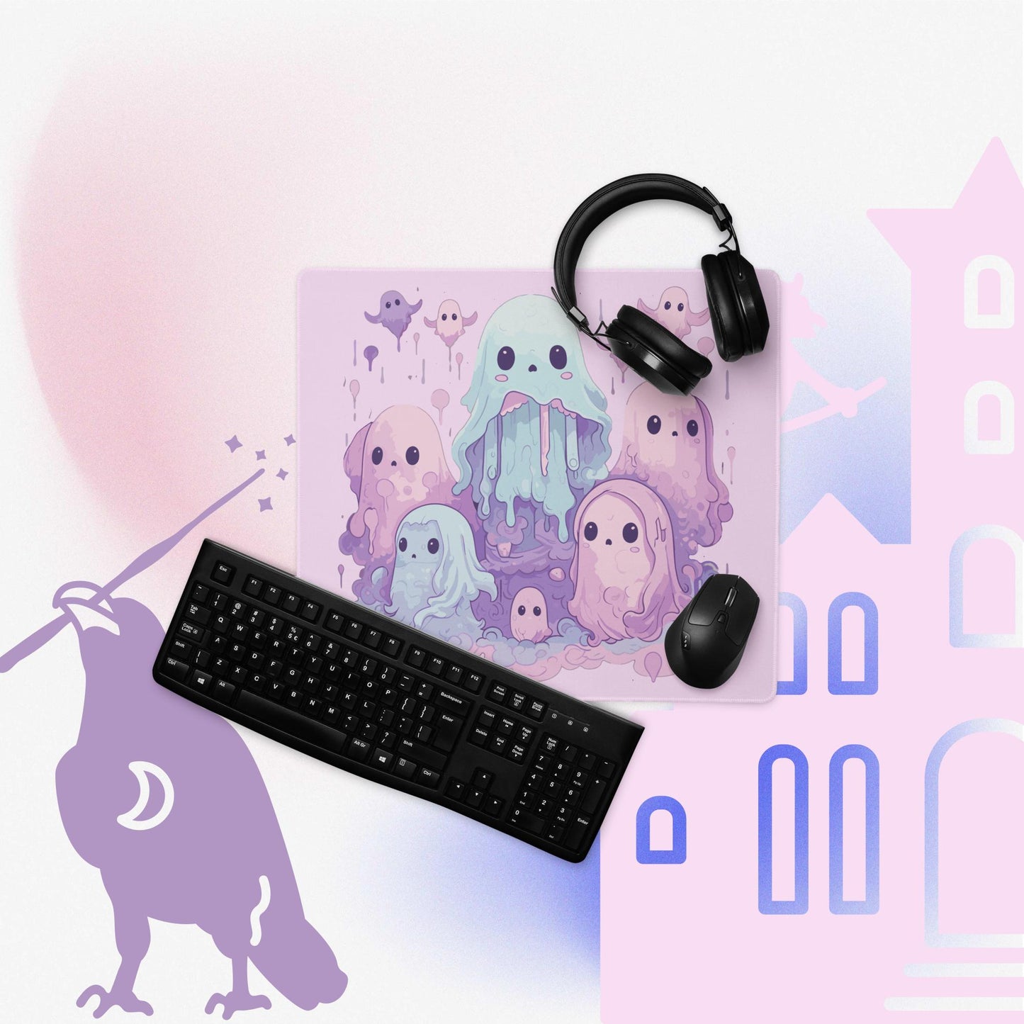 Pastel Ghost Gaming Mouse Pad, Premium-Textured Square Mousepad 18 x 16 Inch, Stitched Edge Anti-Slip Waterproof Rubber Mouse Mat, Pretty Cute Mouse Pad for Office Gaming Laptop