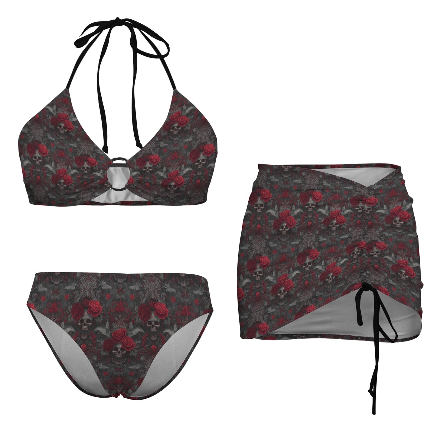 Red Death Woman's Swimwear Drawstring Halterneck Three-Piece Swimsuit Skirt