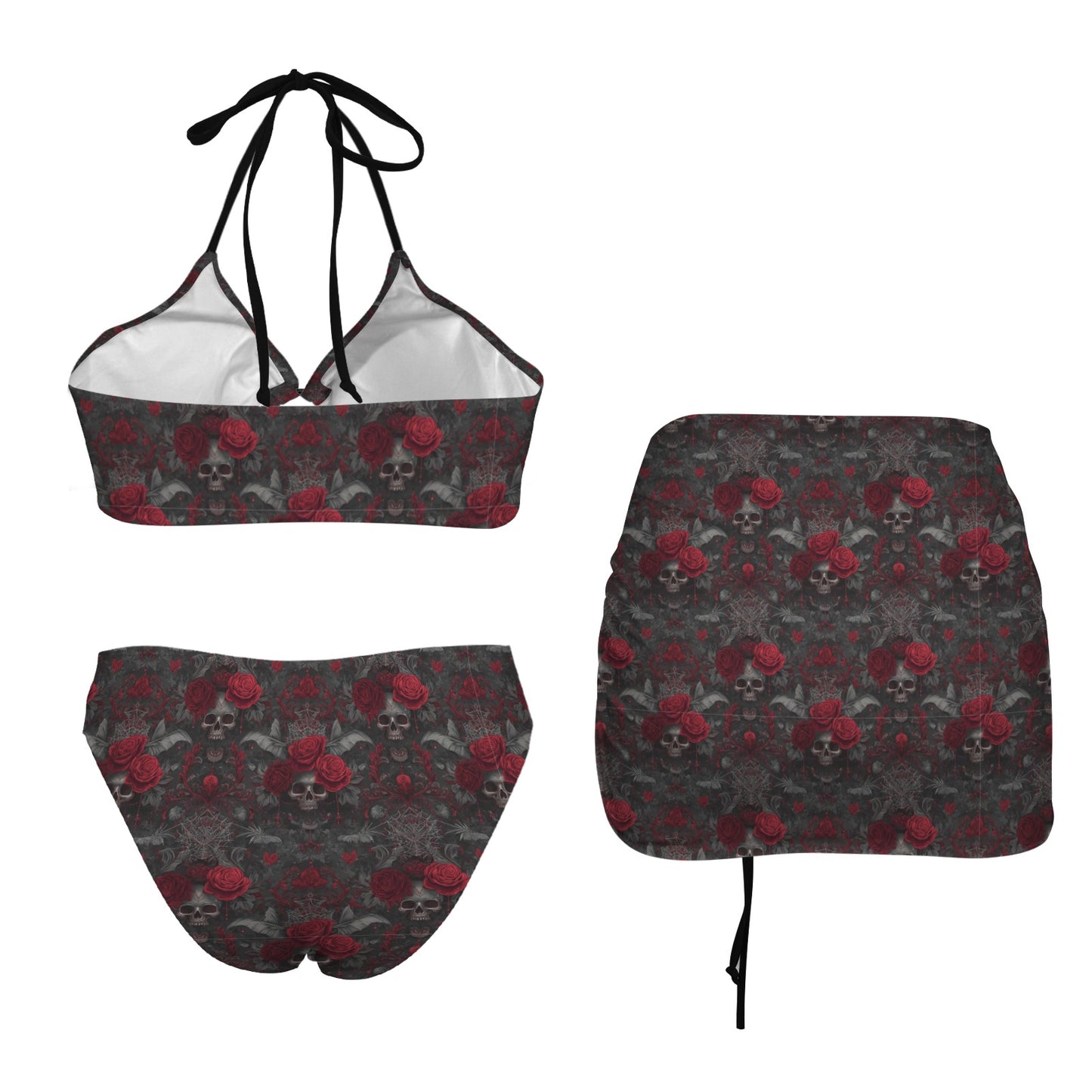 Red Death Woman's Swimwear Drawstring Halterneck Three-Piece Swimsuit Skirt