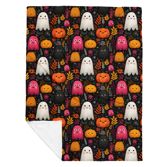 Halloween-themed blanket with ghosts, pumpkins, and leaves on a dark background